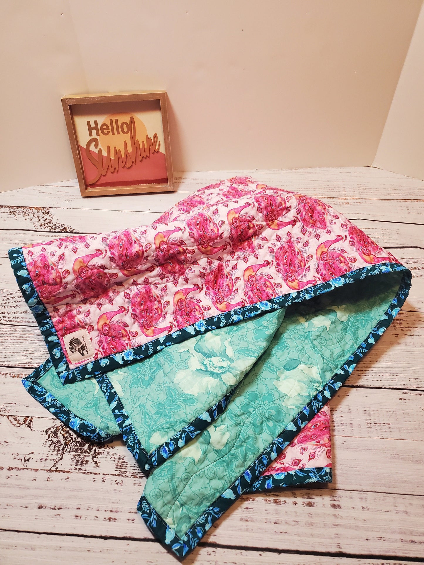 Wholecloth Quilt, Boho Peacock Baby Quilt, Boho Baby Bedding, Peacock Baby Blanket, Baby Shower Gift, Boho Floral Quilt, Kantha Quilt