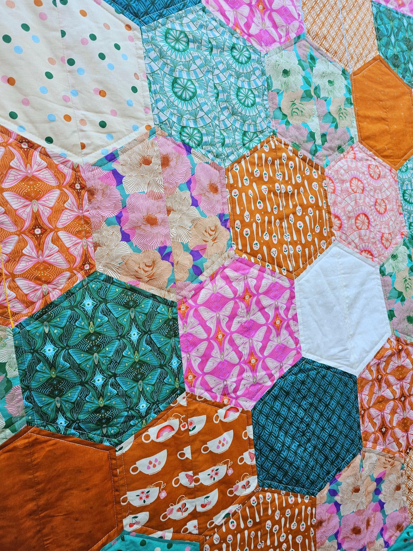 Hexagon Patchwork Quilt, Floral Teacup Quilt, Boho Throw Quilt for Girls, Dorm Quilt, Christmas Gift, Camilla,  Ruby Star Society Fabric