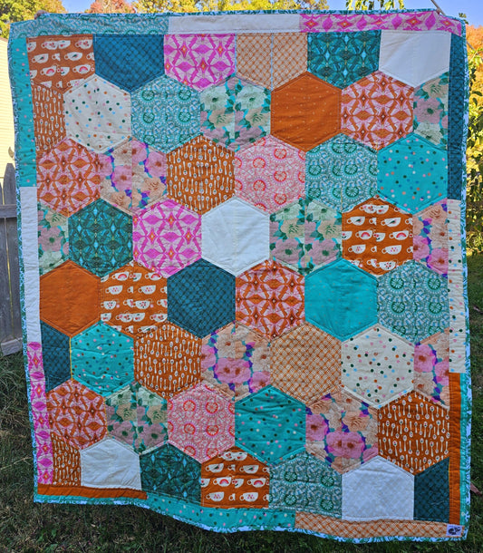 Hexagon Patchwork Quilt, Floral Teacup Quilt, Boho Throw Quilt for Girls, Dorm Quilt, Christmas Gift, Camilla,  Ruby Star Society Fabric