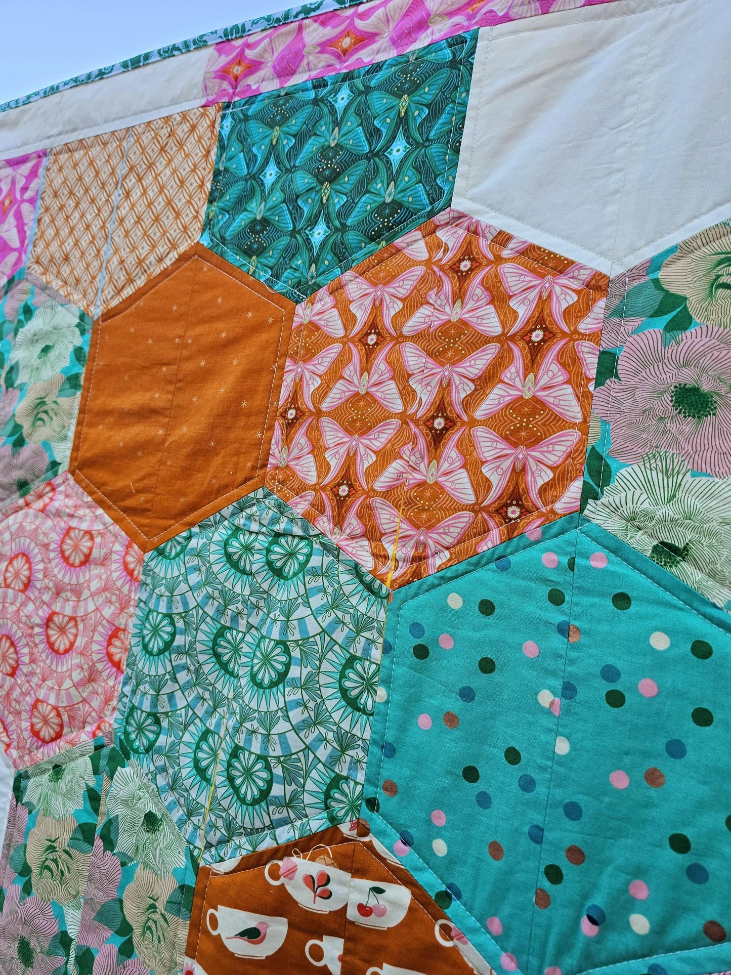 Hexagon Patchwork Quilt, Floral Teacup Quilt, Boho Throw Quilt for Girls, Dorm Quilt, Christmas Gift, Camilla,  Ruby Star Society Fabric