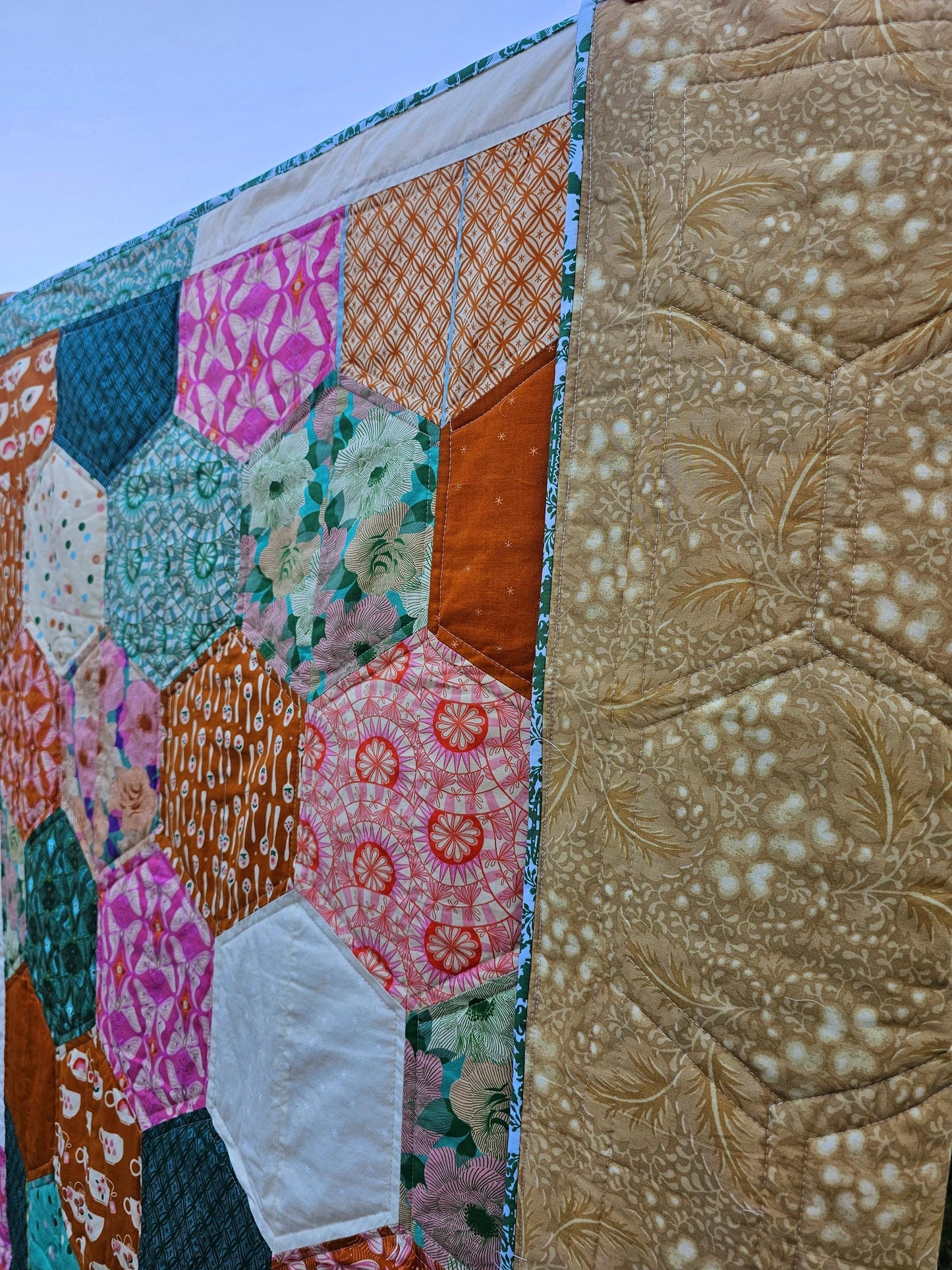 Hexagon Patchwork Quilt, Floral Teacup Quilt, Boho Throw Quilt for Girls, Dorm Quilt, Christmas Gift, Camilla,  Ruby Star Society Fabric