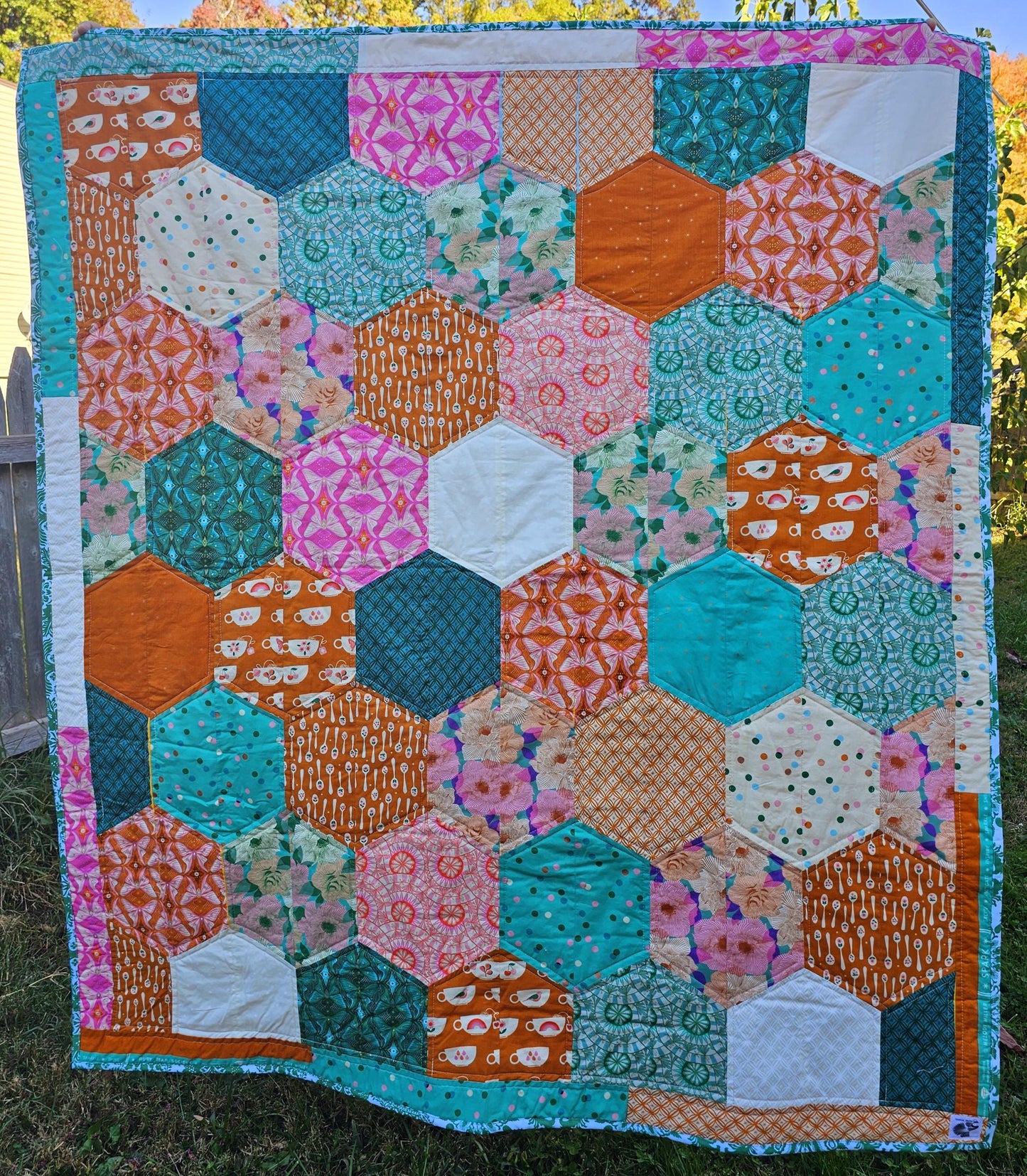Hexagon Patchwork Quilt, Floral Teacup Quilt, Boho Throw Quilt for Girls, Dorm Quilt, Christmas Gift, Camilla,  Ruby Star Society Fabric
