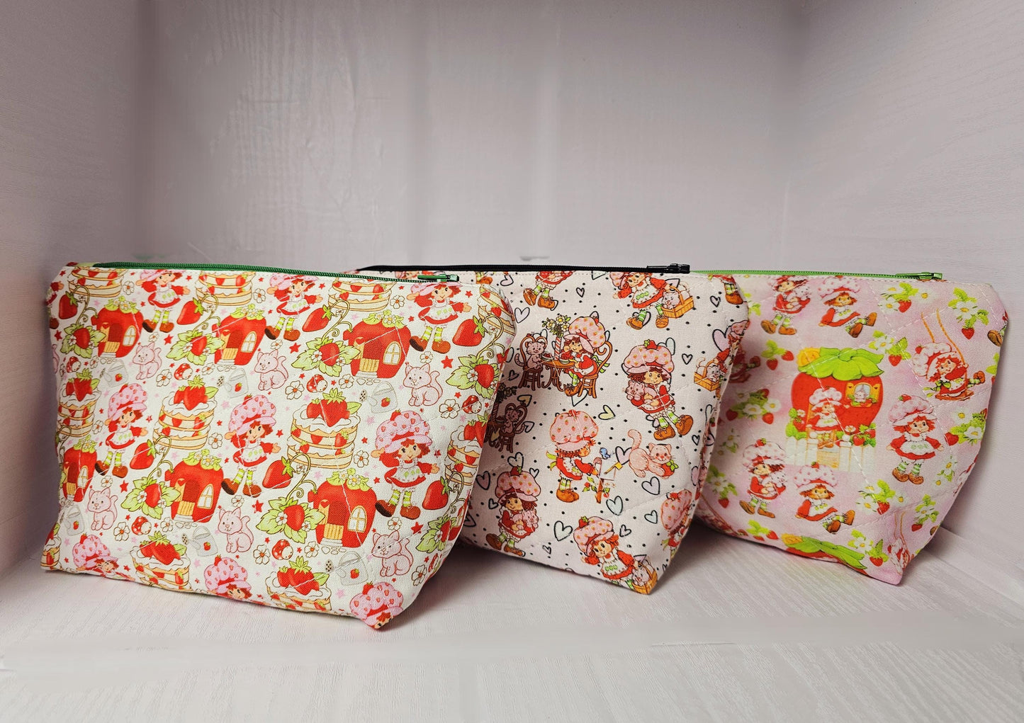 Strawberry Shortcake Zippered Pouch, Cosmetic Bag, Toiletry Bag, Gifts for Her, Unique Gift, Handmade Quilted Pouch, Strawberry Gift