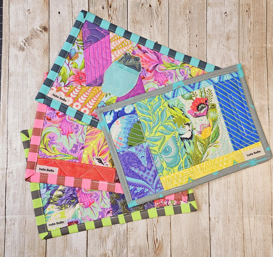 Tula Pink, Patchwork Quilted Mug Rug, Quilted Snack Mat, Tula Pink Everglow, Zuma, Pinkerville, Eden, Daydreamer, Fairy Dust