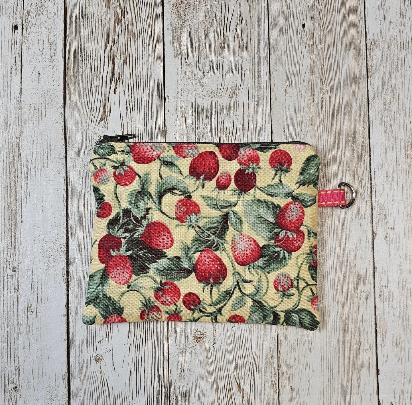 Small Fabric Zipper Pouch, Purse organizer, Strawberry Keychain Pouch, Handmade Lined Zipper Pouch, Gift Card Bag,  Strawberry Pouch