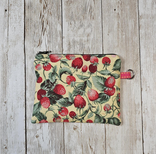 Small Fabric Zipper Pouch, Purse organizer, Strawberry Keychain Pouch, Handmade Lined Zipper Pouch, Gift Card Bag,  Strawberry Pouch