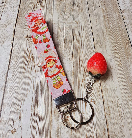 Key Fob Keychain, Keychain Wristlet, Strawberry Shortcake, Key Wristlet,  Fabric Keychain, Strawberry, Wristlet Keychain, Gift for Her