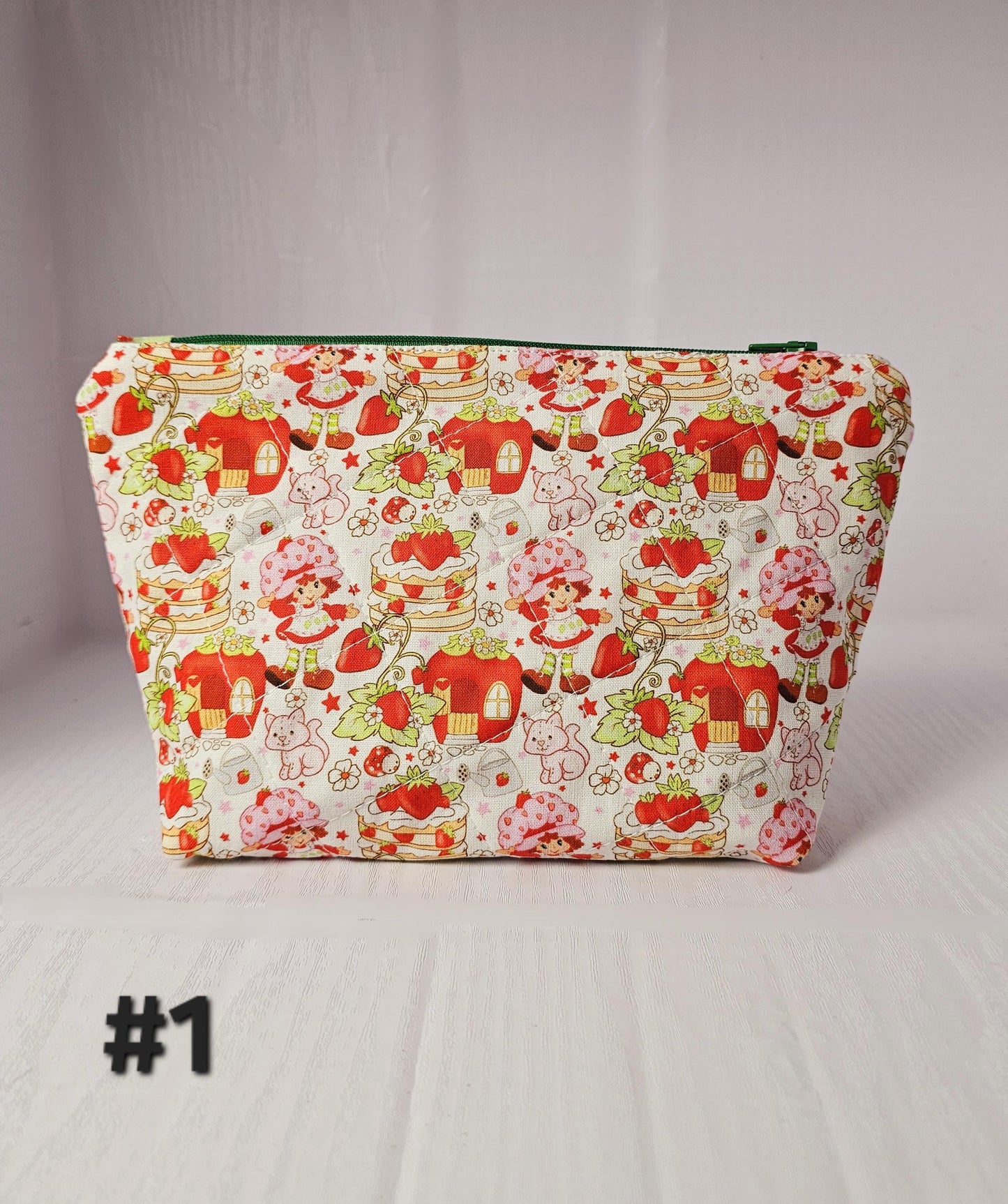 Strawberry Shortcake Zippered Pouch, Cosmetic Bag, Toiletry Bag, Gifts for Her, Unique Gift, Handmade Quilted Pouch, Strawberry Gift