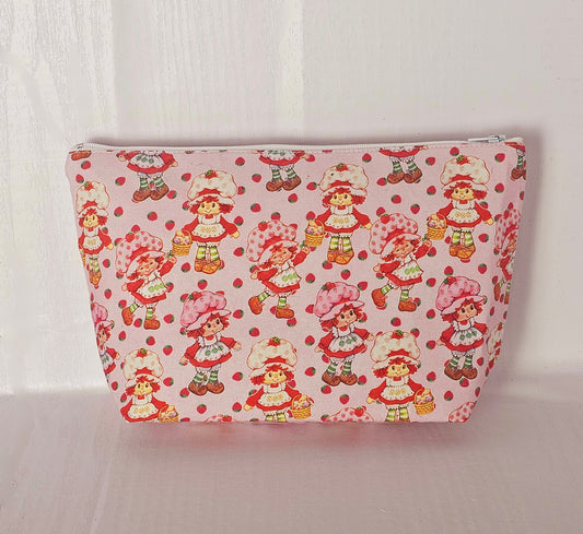 Strawberry Shortcake Zippered Pouch, Cosmetic Bag, Toiletry Bag, Gifts for Her, Unique Gift, Handmade Quilted Pouch, Strawberry Gift
